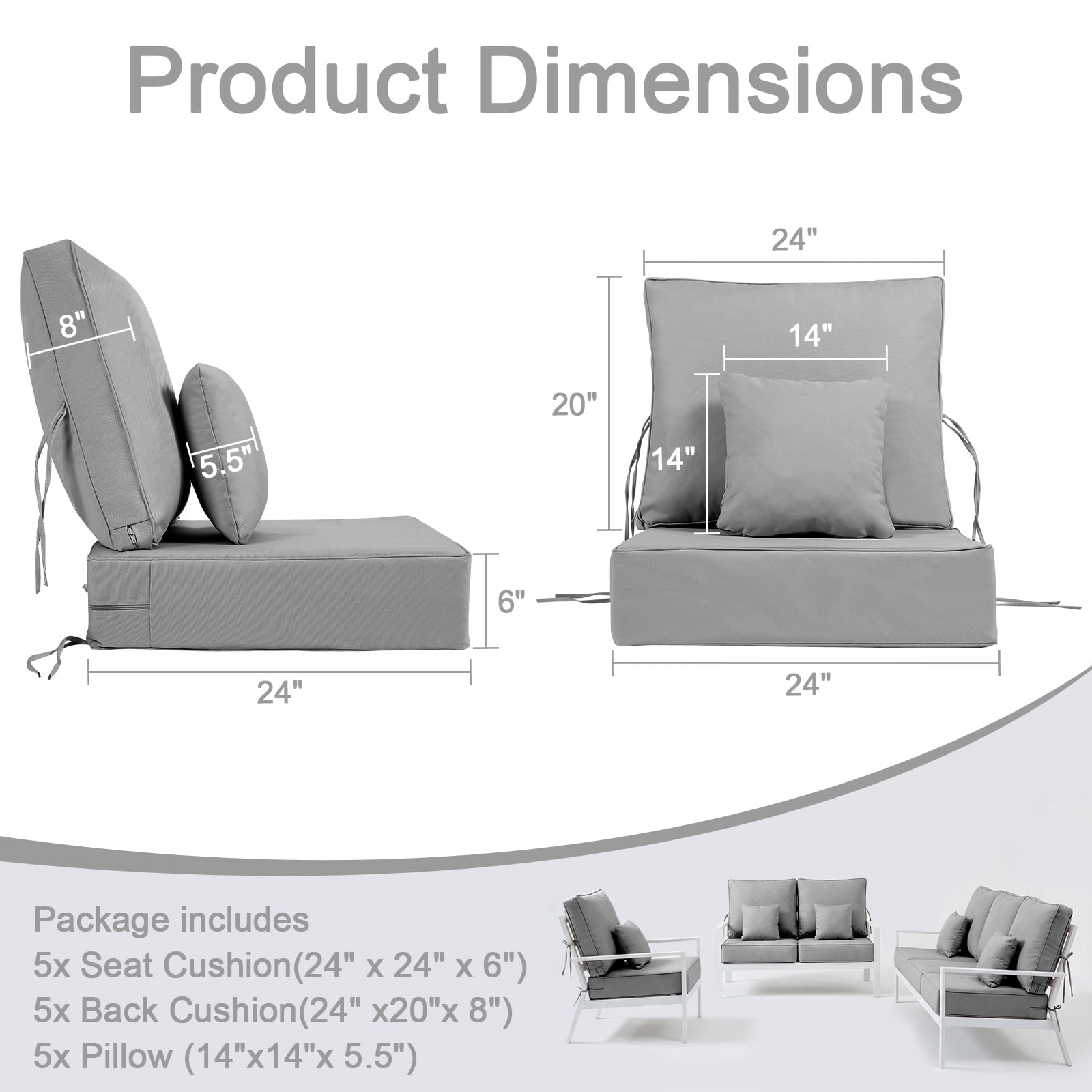 5 Set Outdoor Chair Cushions 24 x 24 x 6 inch for Patio Furniture, Fade & Water Resistant Patio Cushions with Removable Cover and Straps, Gray