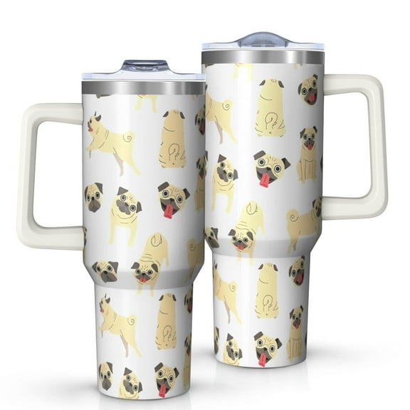 OBREWU Cute Cartoon Pug Tumbler with Handle and Lid,Cute Cartoon Pug 40oz Double Wall Vacuum Insulated Tumbler,Cups Gift for Women and Men