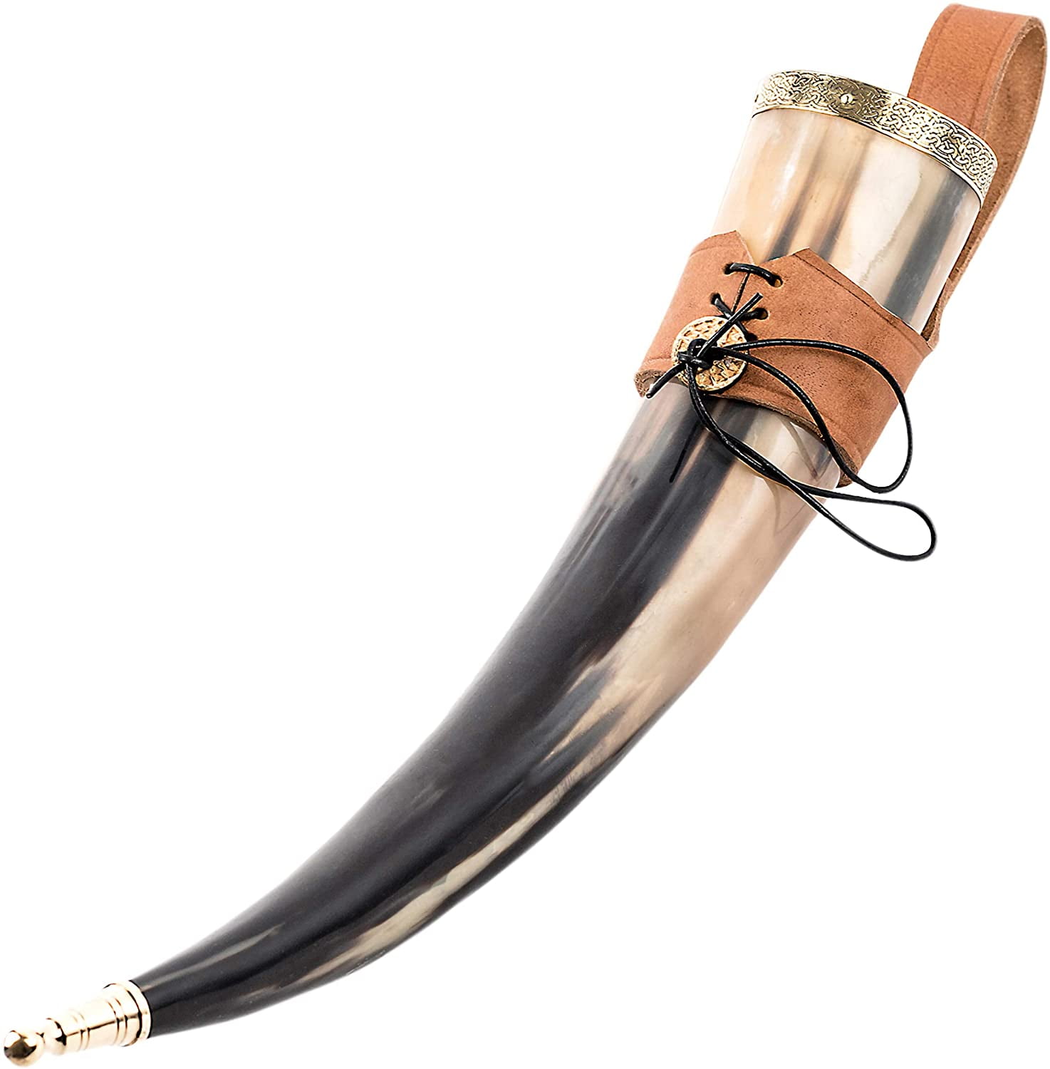 Viking Wine/Mead Mug Drinking Horn with Brass Fitting Brown Leather Holder