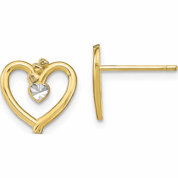 10K Yellow With Rhodium D/C Heart Post Earrings (10 X 11) Made In United States 10te912