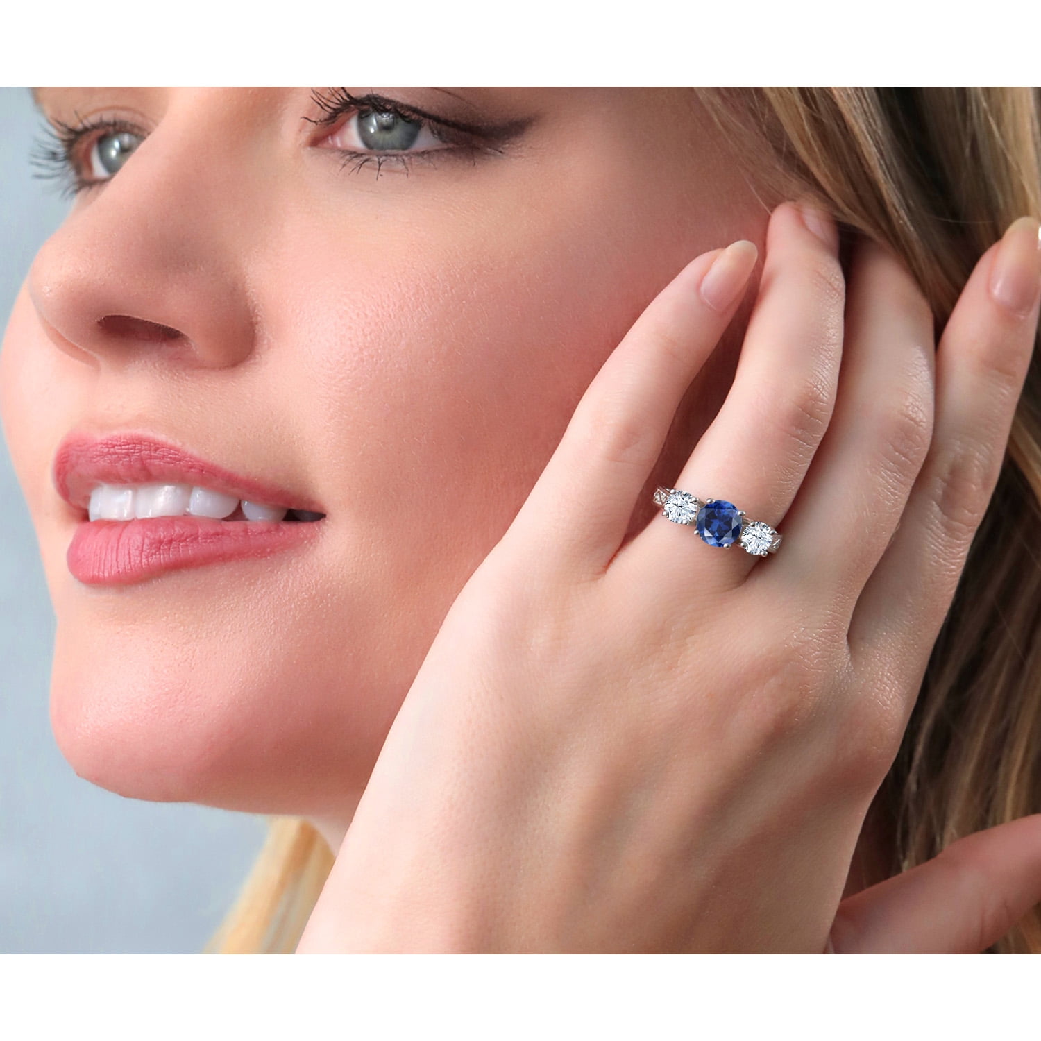 Gem Stone King 3.17 Cttw Blue Created Sapphire 3-Stone Engagement Ring for Women | 925 Sterling Silver | Three Stone Wedding Engagement Anniversary Promise Ring (Size 6)