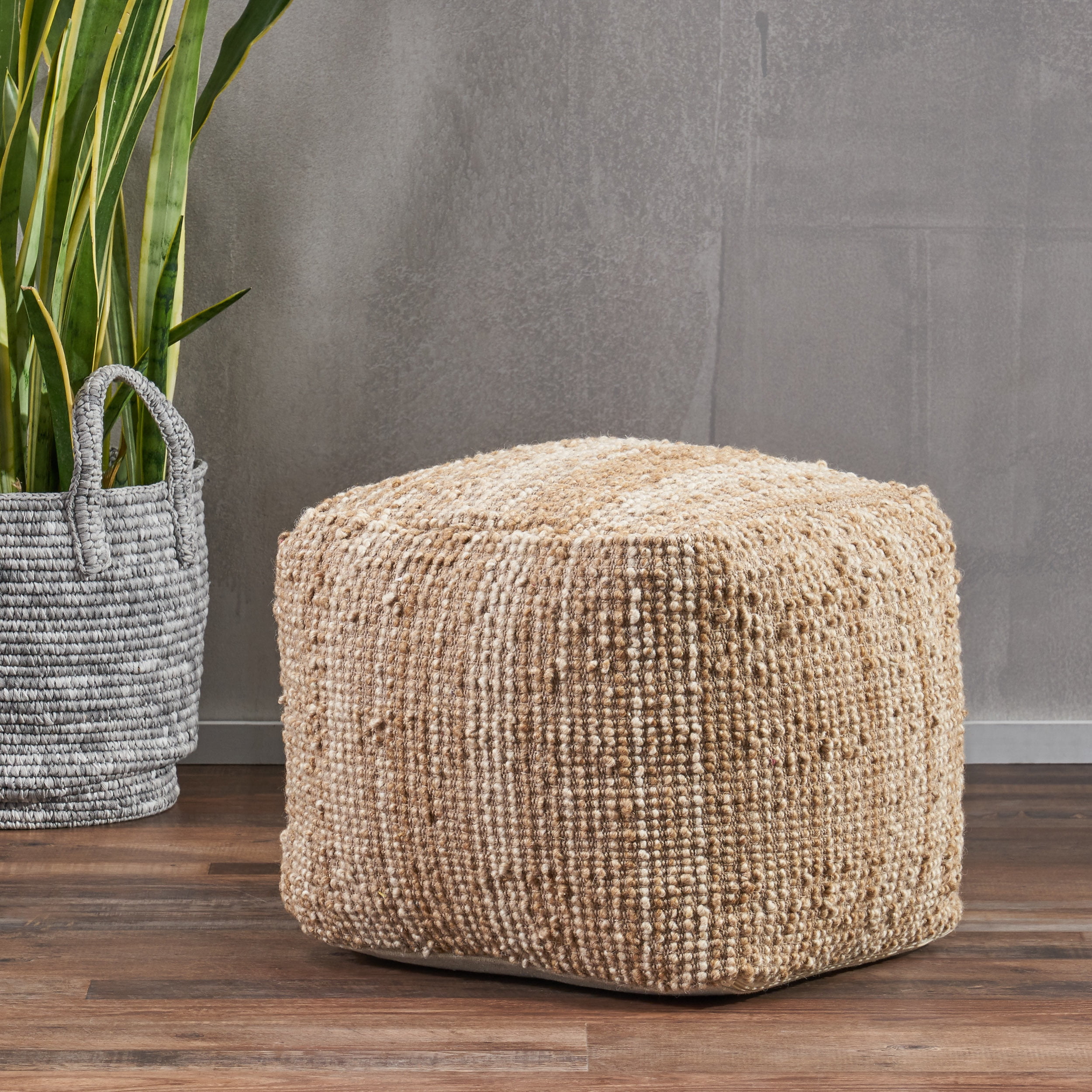 Noble House Cube Tufted Wool Pouf, Beige