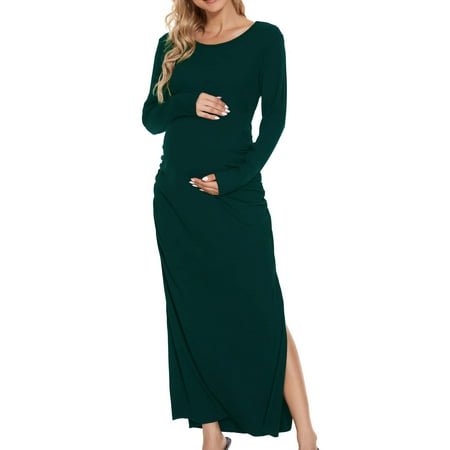 Smallshow Robe de Maternité Fendue pour Femmes à Manches Longues Froncée Vêtements de Grossesse Grande Vert Foncé