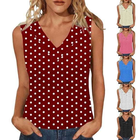 lcziwo Women's Soft Sleeveless Top Cotton Polka Dot Print Fashion Wide Strap Camisole Summer Casual Holiday V Neck Shirts White XL