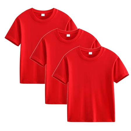 BLTIBY 2025 3PC Toddler Girls Boys Cotton T-shirt Summer Round Neck Short Sleeve Solid Color Tee Kids Fashion Pullover Tops Red 5-6 Years