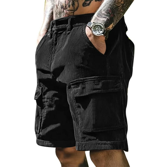 WTOBBY Men's Casual Corduroy Cargo Shorts, Solid Color Multi-Pocket Work Utility Shorts, Breathable and Functional for Summer Wear,Black L