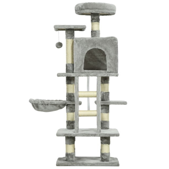 Large Light Grey Cat Tree Tower - 52" Multi-Level Indoor Cat Condo with Scratching Posts, House & Hammock for Living Room & Playtime