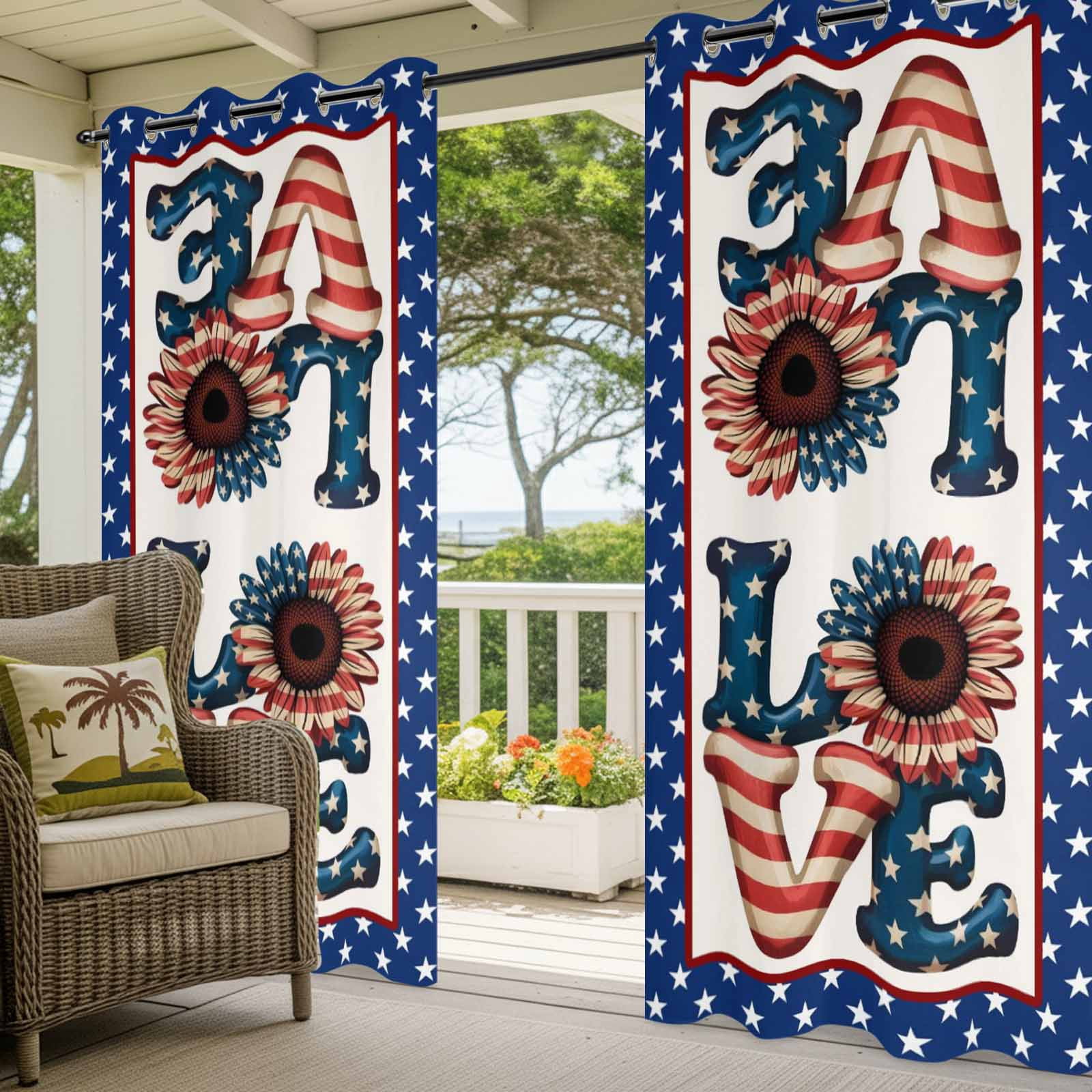 Independence Day Outdoor Curtains for Patio, Love U.S. Flag Sunflower Star Flag Day Sunshade Privacy Drapes Grommet Waterproof Outside Curtains for Porch/Cabana/Balcony 54"x 95", 2 Panel