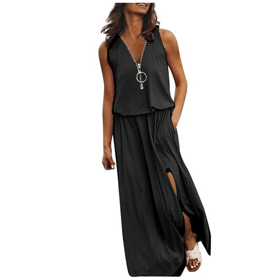 Summer Saving Wycnly Summer Dresses for Women Elastic Waist Zipper Slit Hem Pocket Beach Tank Long Dresses Sleeveless V-Neck Solid Maxi 2024 Dress Black xxl Clearance Under $5