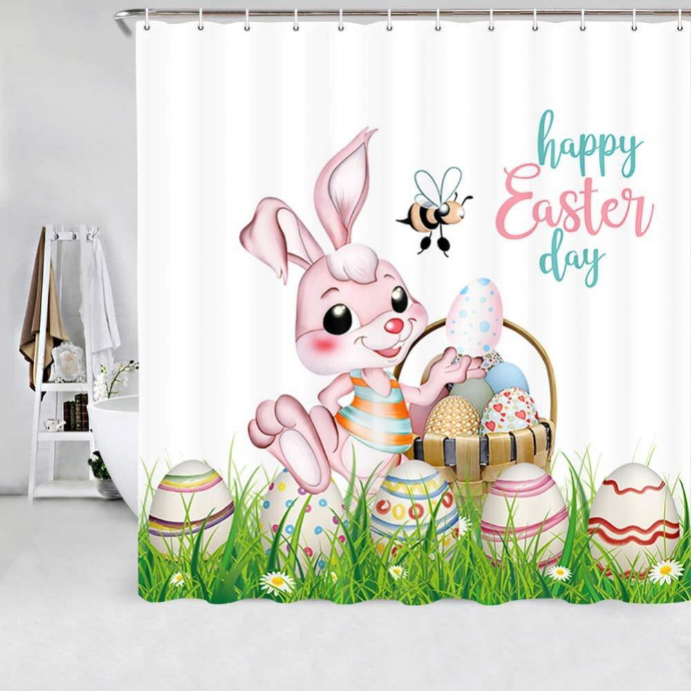 Happy Easter Bunny Eggs Shower Curtain Liner Polyester Fabric Bathrooom Hooks 