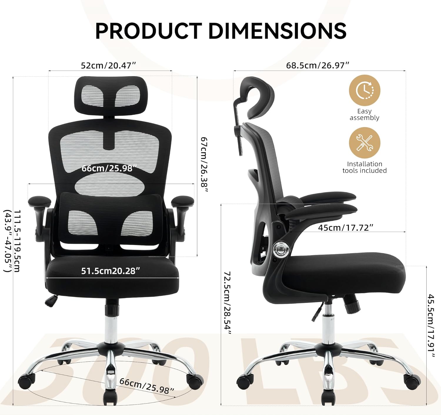 Ergonomic Mesh Office Chair, High-Back Desk & Gaming Chair with Adjustable Headrest, Rolling Swivel, Wheels, for Home, Office & Gaming Room, Black