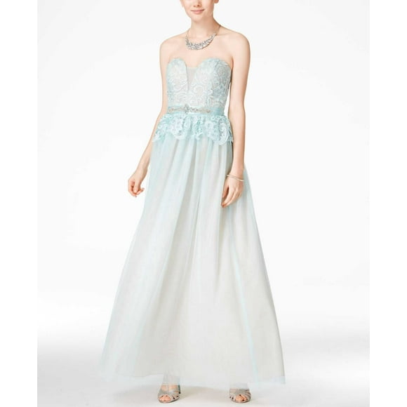 B. Darlin Juniors Strapless Lace Peplum Gown, Aqua/Nude, 5-6