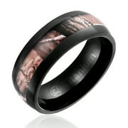 Mens Camo Wedding Band in Titanium 8MM Ring Black Plated with Camouflage Inlay - Domed Top