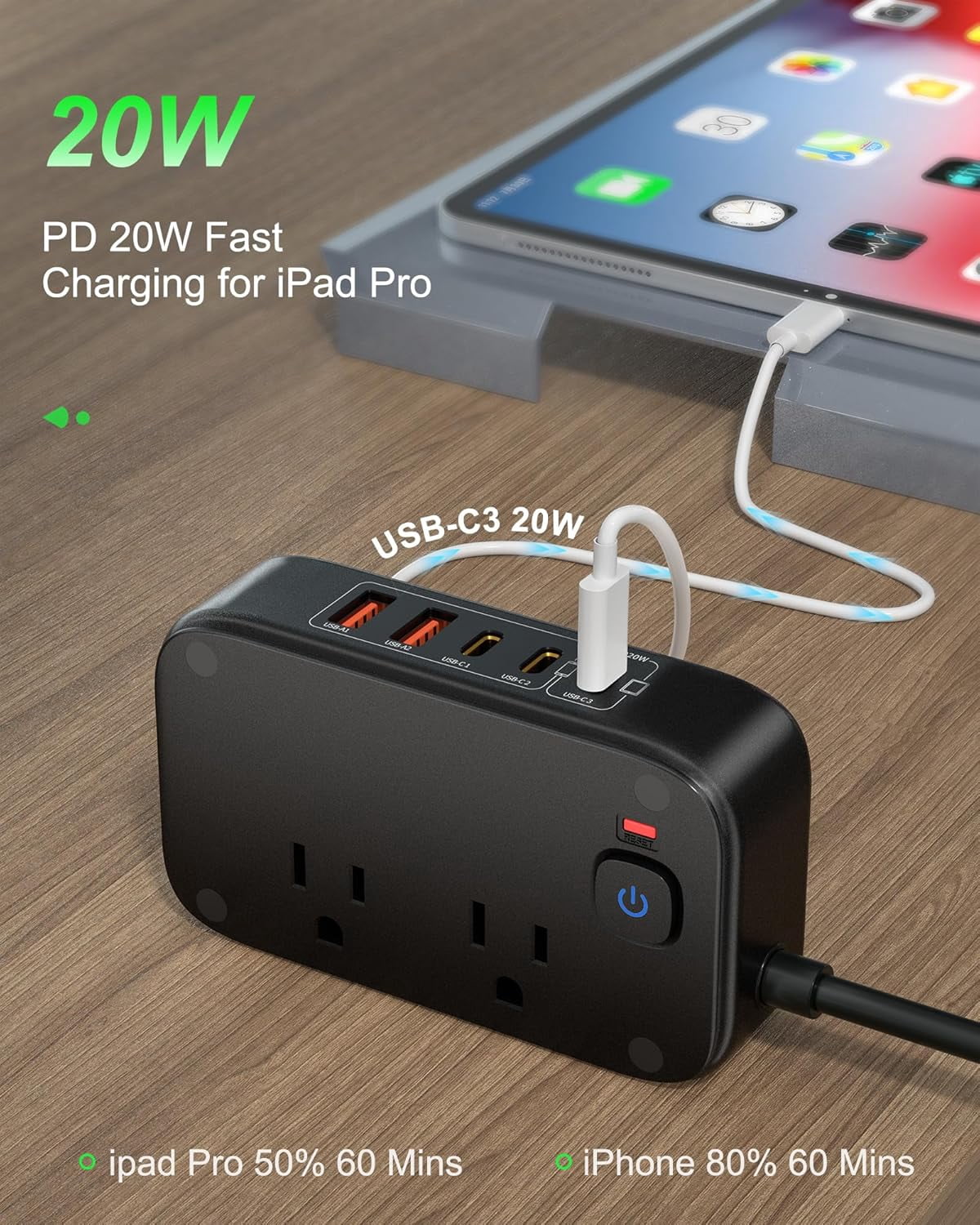 20W USB C Power Strip with 2500W AC Outlects, 3 USB-C Ports, 2 USB-A Ports, 5FT Flat Extension Cord Outlet Extende Desk Charging Station