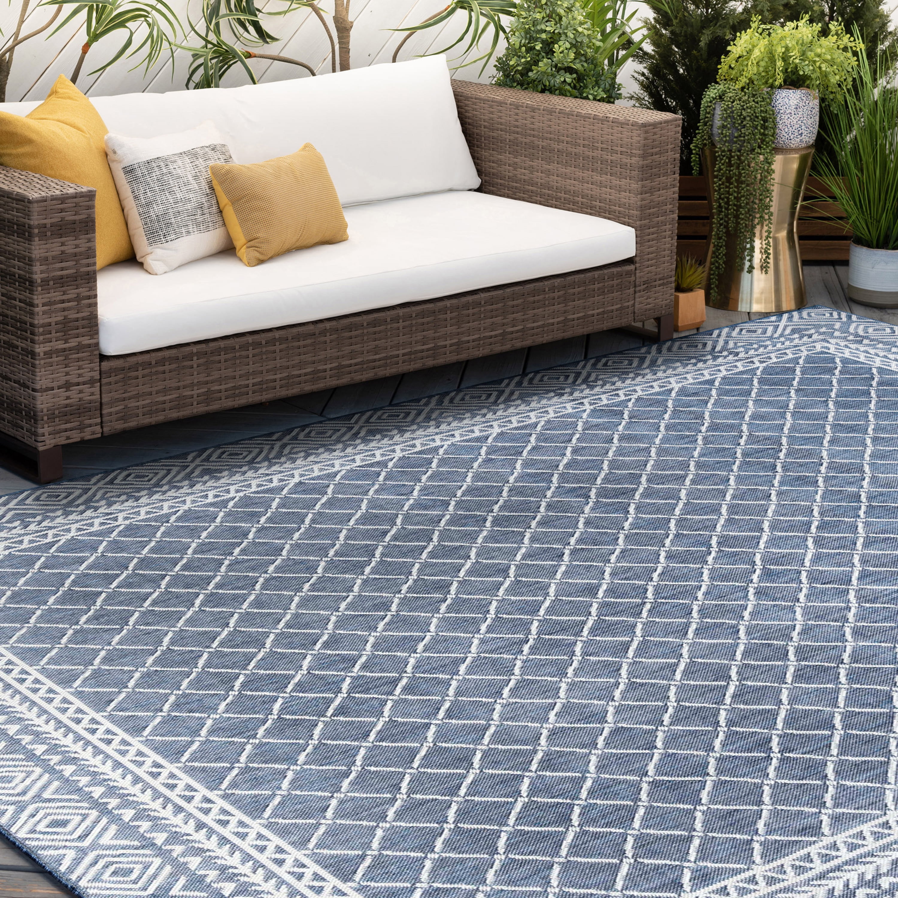 9x12 Water Resistant, Large Indoor Outdoor Rugs for Patios, Front Door Entry, Entryway, Deck, Porch, Balcony | Outside Area Rug for Patio | Blue, Diamond | Size: 8'10'' x 12'2''