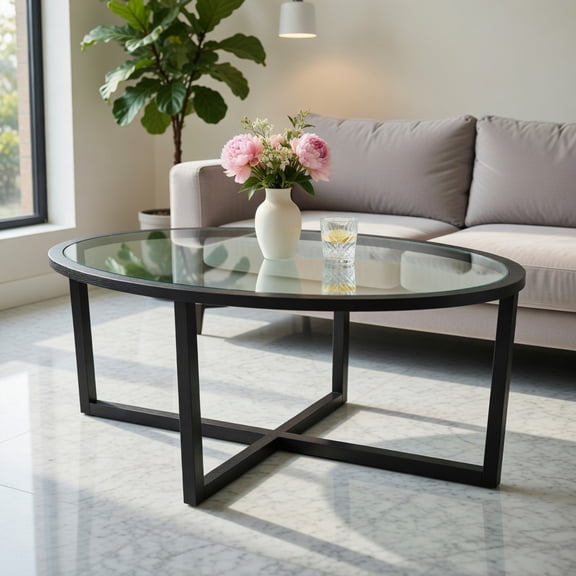 Spaco Glass Coffee Table Oval Living Room Table with Cross Base and Acacia Wood Legs-Black, Tea Table