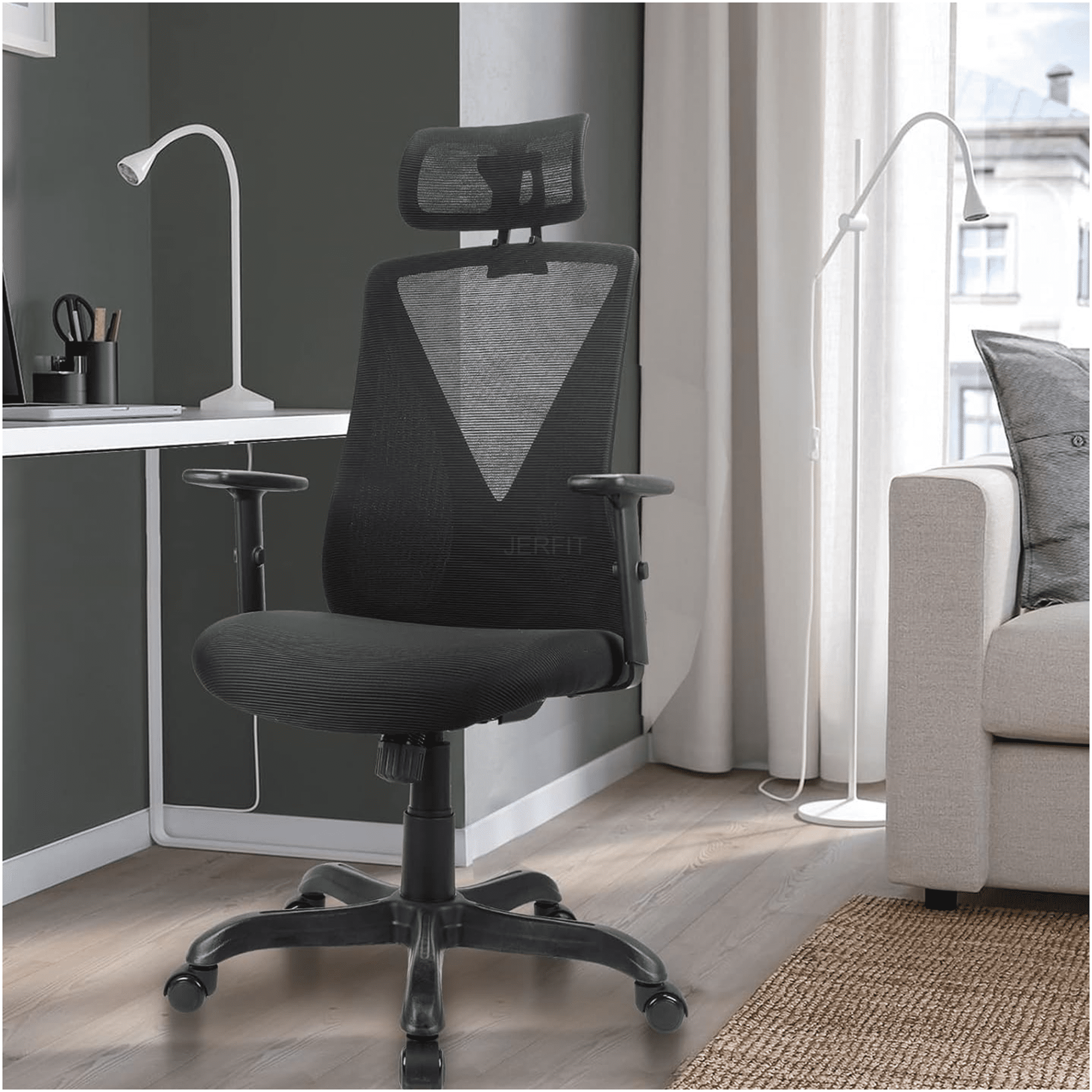 JERFIT L Shaped Desk with Bookshelf, 360° Rotating Corner Computer Desk for Home Office, Black Workstation with Storage