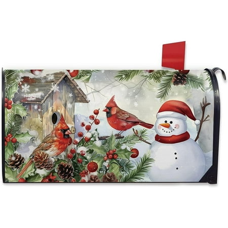 Christmas Cardinal Snowman Mailbox Cover Magnetic Standard Size 20.5"x18", Xmas Birdhouse Red Berry Decorative Post Letter Box Wrap Decor, Winter Holiday Farmhouse Garden Yard Outdoor Decoration