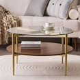 thumbnail image 4 of Rectangle Coffee Table Mid-Century Modern Design L W x H for Living Room - Structure Amber Glass Top and Walnut MDF Shelf Sleek Conical Metal Legs with Gold Finish, 4 of 9