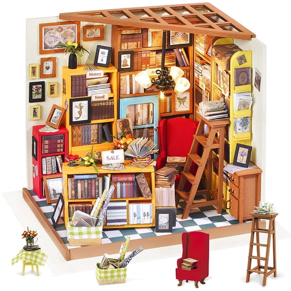 Robotime Sam's Study Library DIY Miniature House Kit Wooden Dollhouse Set for Adult 221 Pieces