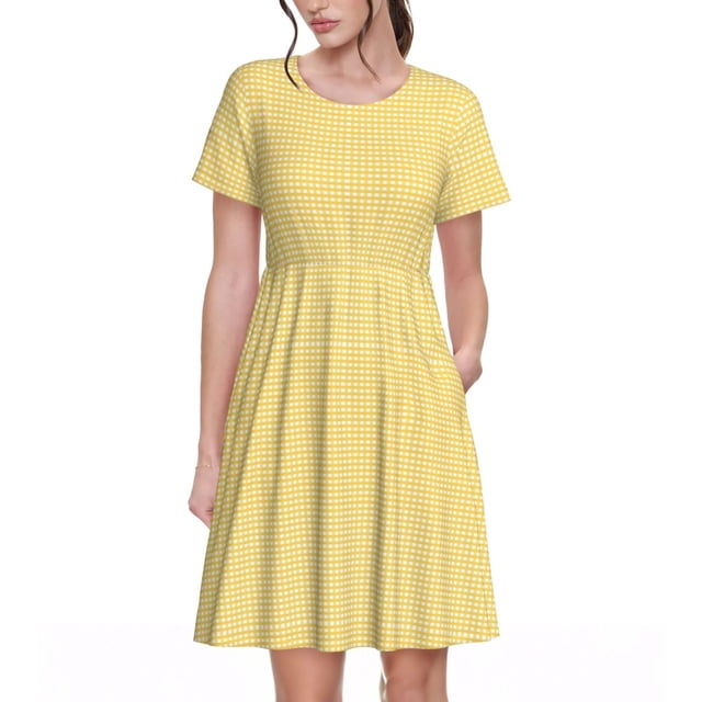 Fotbe Yellow Gingham Vestido Largo de Moda para Mujer, Vestido Tipo Camiseta con Manga Corta y Estilo Casual a Rayas y Bloques de Color