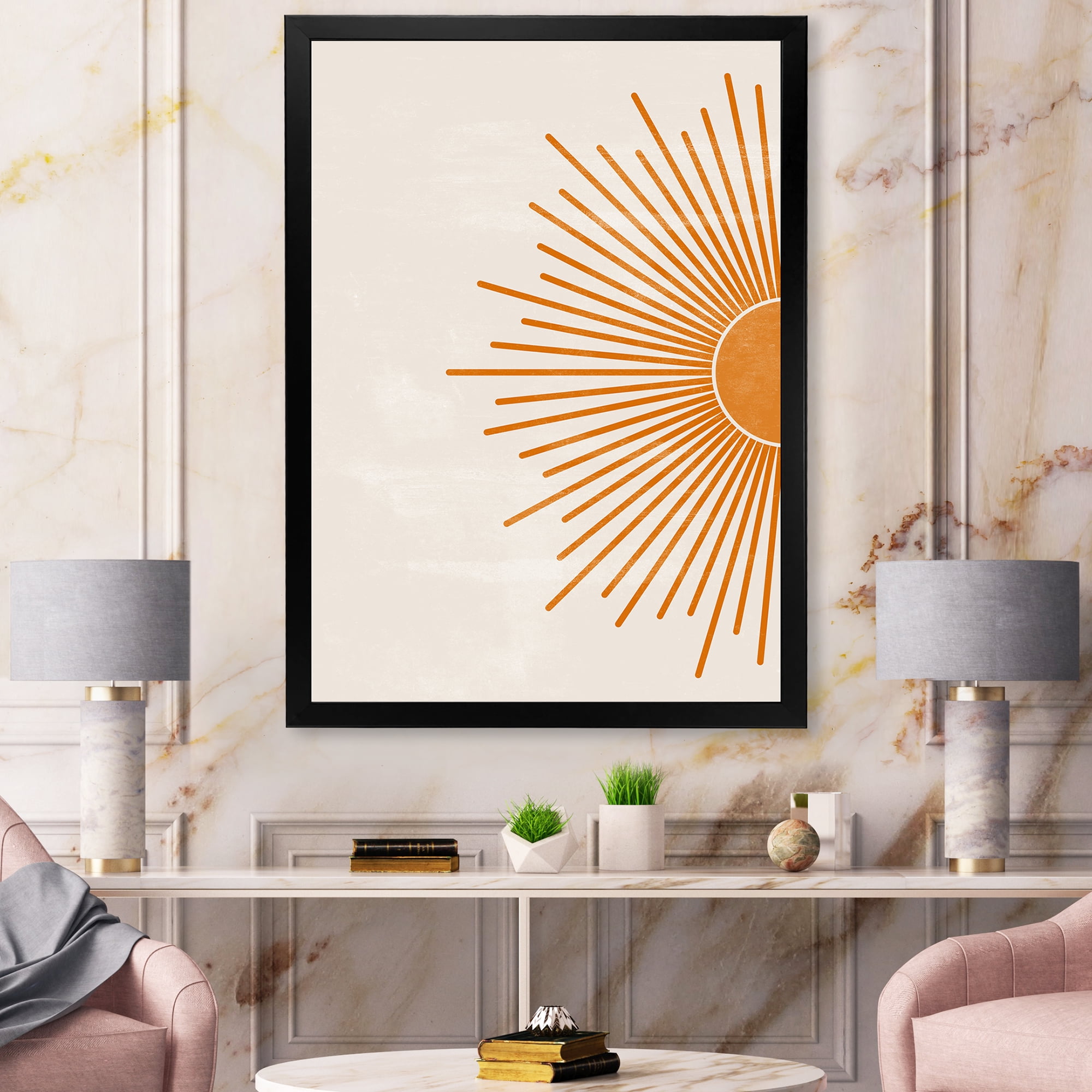 Designart 'Orange Sun Print On Beige I' Modern Framed Art Print