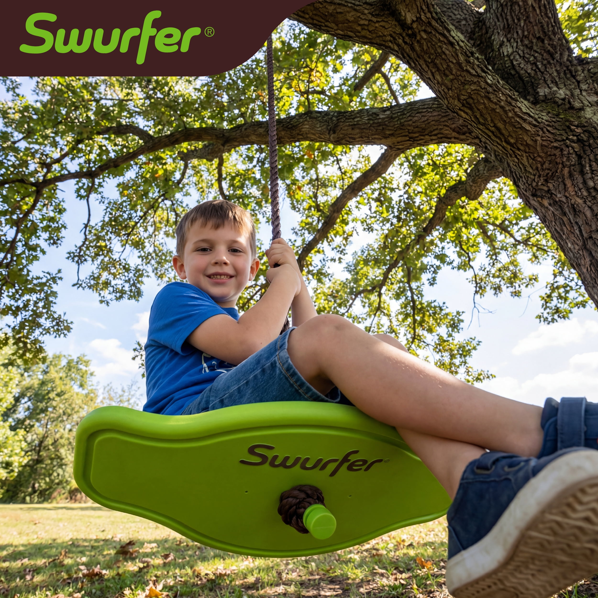 Swurfer Tree Swing Sets for Backyard - Outdoor Swing Seat for Kids, Swingset Outdoor Playset, Easy Installation, Durable, Heavy Duty Braided Rope, Weatherproof, Up to 150 lbs, Ages 4+, Green/Brown