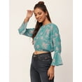 thumbnail image 3 of Moomaya Printed Blouson Top, Long Bell Sleeves Round Neck, Casual Crop Tops, 3 of 9