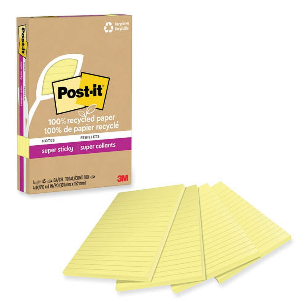 100% recycled paper super sticky notes, ruled, 4" x 6", canary yellow, 45 sheets/pad, 4 pads/pack | Bundle of 5 Packs