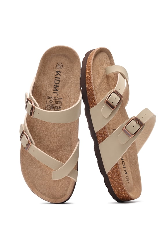 Suede Cork Footbed Sandals for Women Summer Arch Support Slide Sandals with Adjustable Buckles, Stone