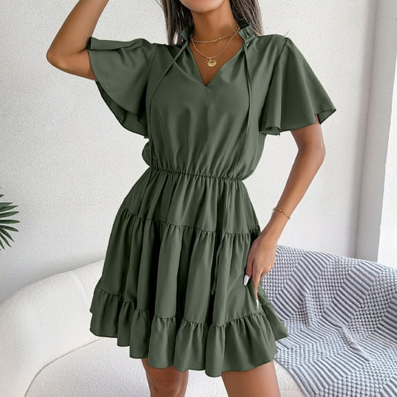 OSFVNOXV Summer Mini Dresses for Women ,Petite Ruffle V-Neck Chiffon Dress,Short Tiered A-Line Dress