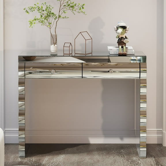 Toauuo Silver Mirrored Console Table - Baked Curved Mirror with 2 Drawers, Mirror-Decorated Side Table for Hall & Living Room