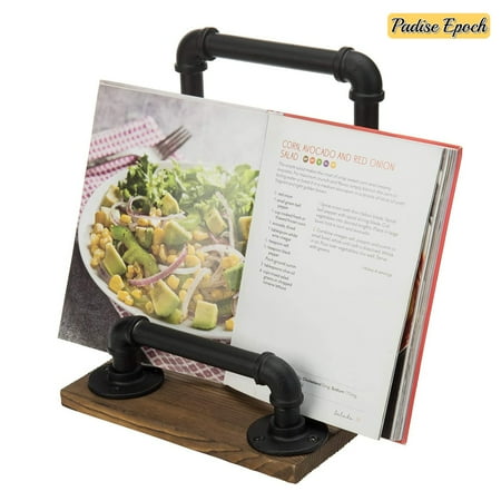 

Rustic Industrial Metal Pipe and Burnt Wood Cookbook Holder Kitchen Recipe Stand