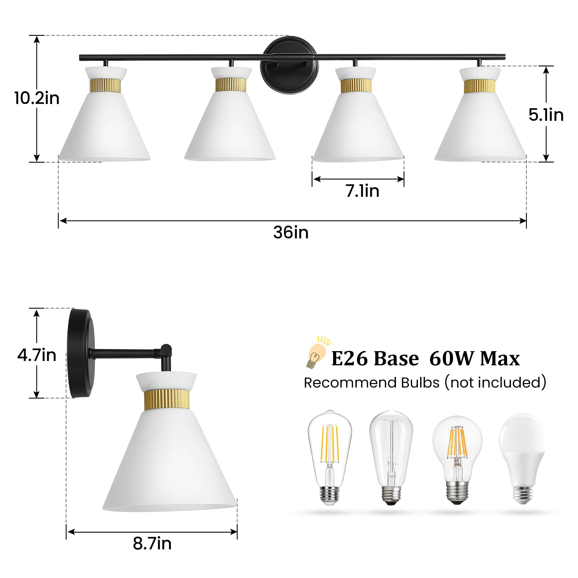 4-Lights Vanity Lights for Bathroom Black and Gold Wall Sconce Lighting with Frosted Milky Glass for Over Mirror Bedroom Hallway