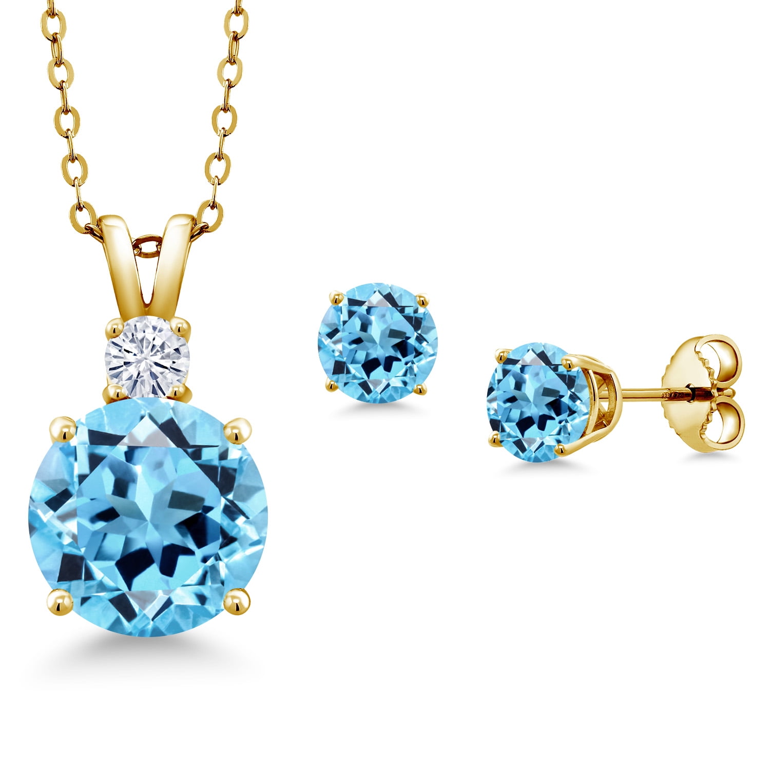 Gem Stone King 18K Yellow Gold Plated Silver Round Swiss Blue Topaz and White Moissanite Pendant and Earrings Jewelry Set for Women (6.02 Cttw, Gemstone Birthstone, with 18 inch Chain)