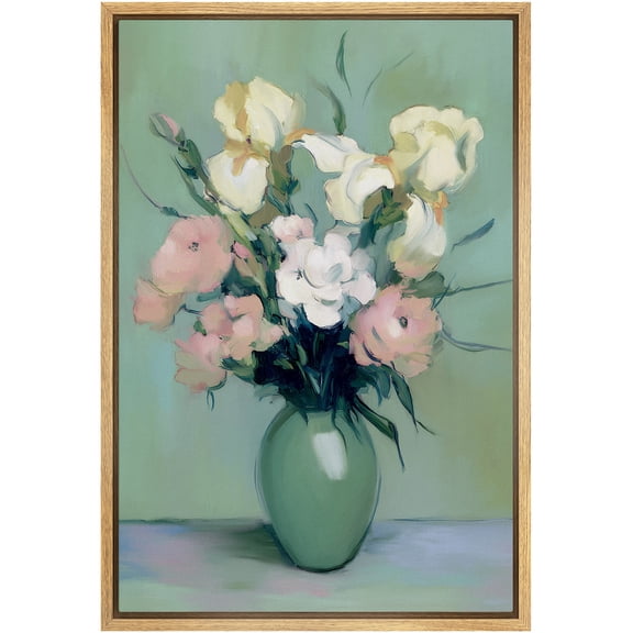 Framed Canvas Print Wall Art Floral Arrangement in Green Vase Vintage Botanical Art for Living Room, Bedroom, Office - 16"x24" NATURAL