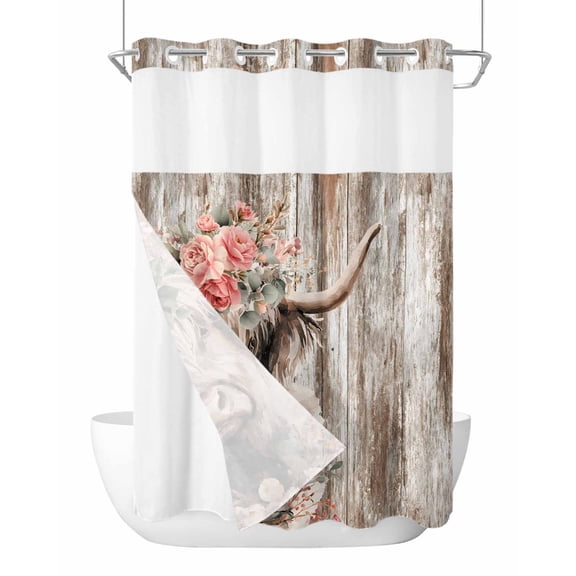 No Hook Shower Curtain with Snap-in Liner, Spring Cow Floral Waterproof Fabric Bathroom Curtains, Vintage Brown Wooden Farmhouse Bath Curtains & Mesh Top Window Stall 48"x72"