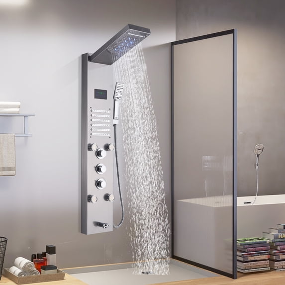 Shower Panel Tower System Brushed Nickel with LED Multiple Function Waterfall Rainfall Shower Head Body Jets Handheld Shower and Bath Spout for Bathroom Wall Mounted Shower System