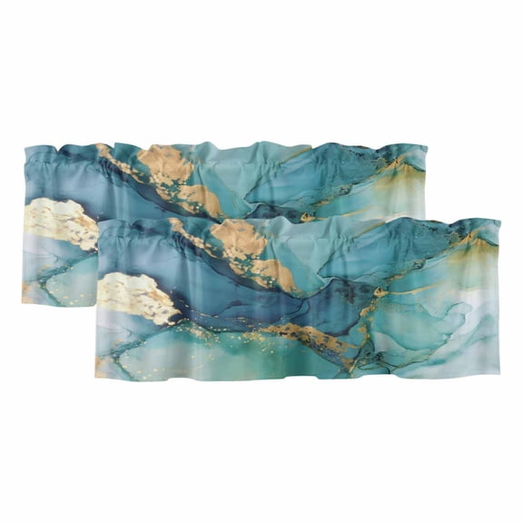 Turquoise Marble Valances for Windows, Decorative Rod Pocket Window Valance Curtains, Abstract Minimalist Art Ombre Blue Short Curtain Drapes for Kitchen/Bathroom/Living Room, 2 Panels, 54" W x 18" L