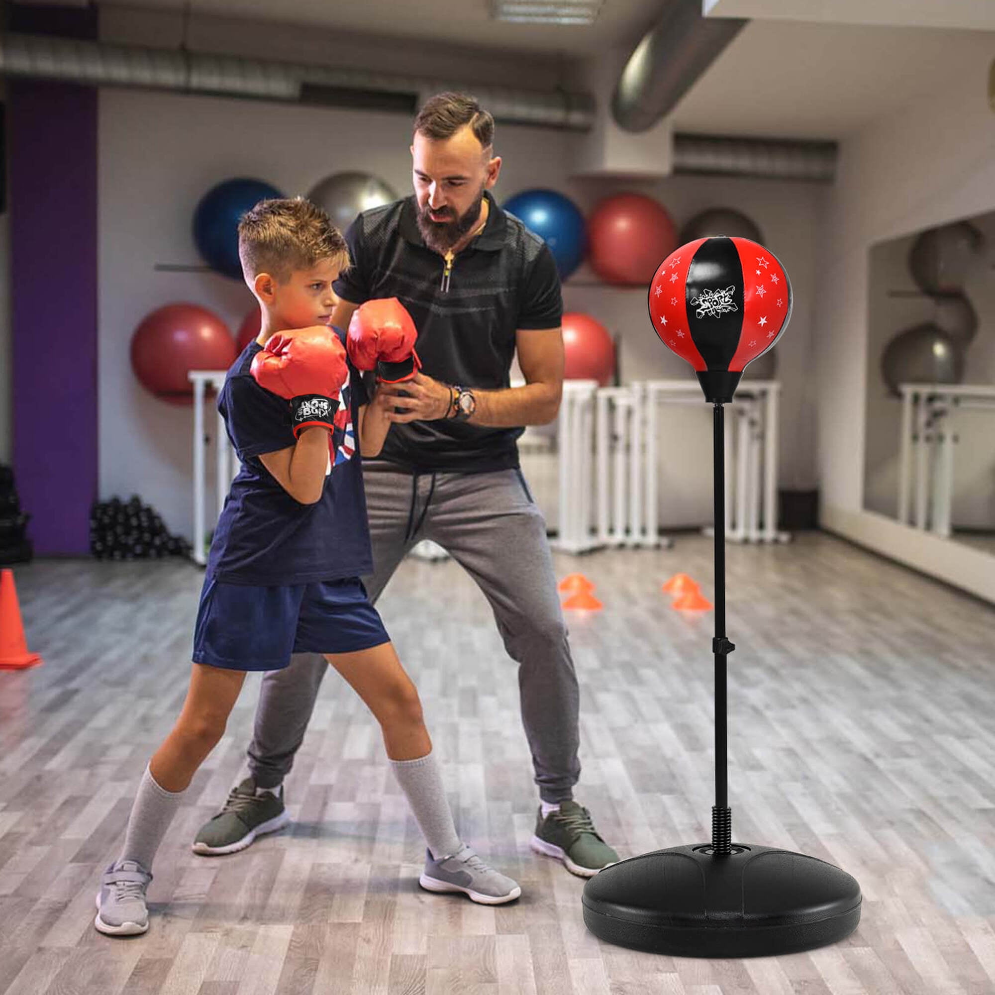 Costway Kids Punching Bag Toy Set Adjustable Stand Boxing Glove Speed Ball with Pump Red