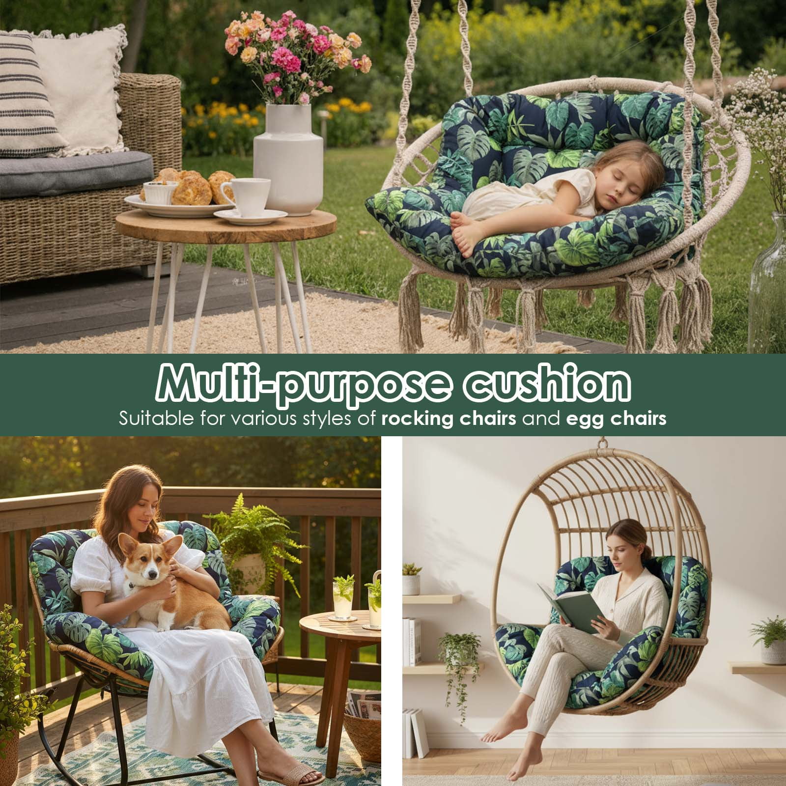Eurhowing 4" Thick Egg Chair Cushion Replacement, Waterproof & Non-Slip Outdoor Patio Swing Chair Cushions, High-Density Soft Hanging Basket Seat Cushion, Green Leaf