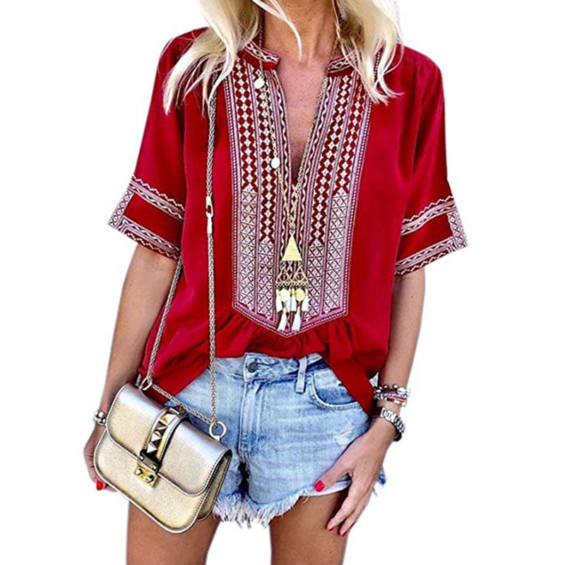 Fashion Tops for Women Embroidery Strappy V Neck 3/4 Sleeve Shirts Tassel Blouses Casual Loose T-Shirts Pullover 