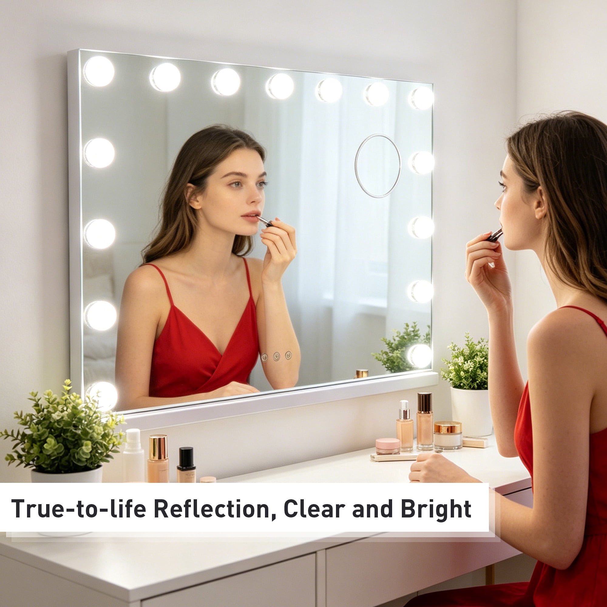 KOOL 23''x18'' Large Hollywood Vanity Mirror with 15 Bulbs LED Mirror Lighted Makeup Mirror Wall Mounted & Tabletop White Metal Frame Rectangular Mirror, White
