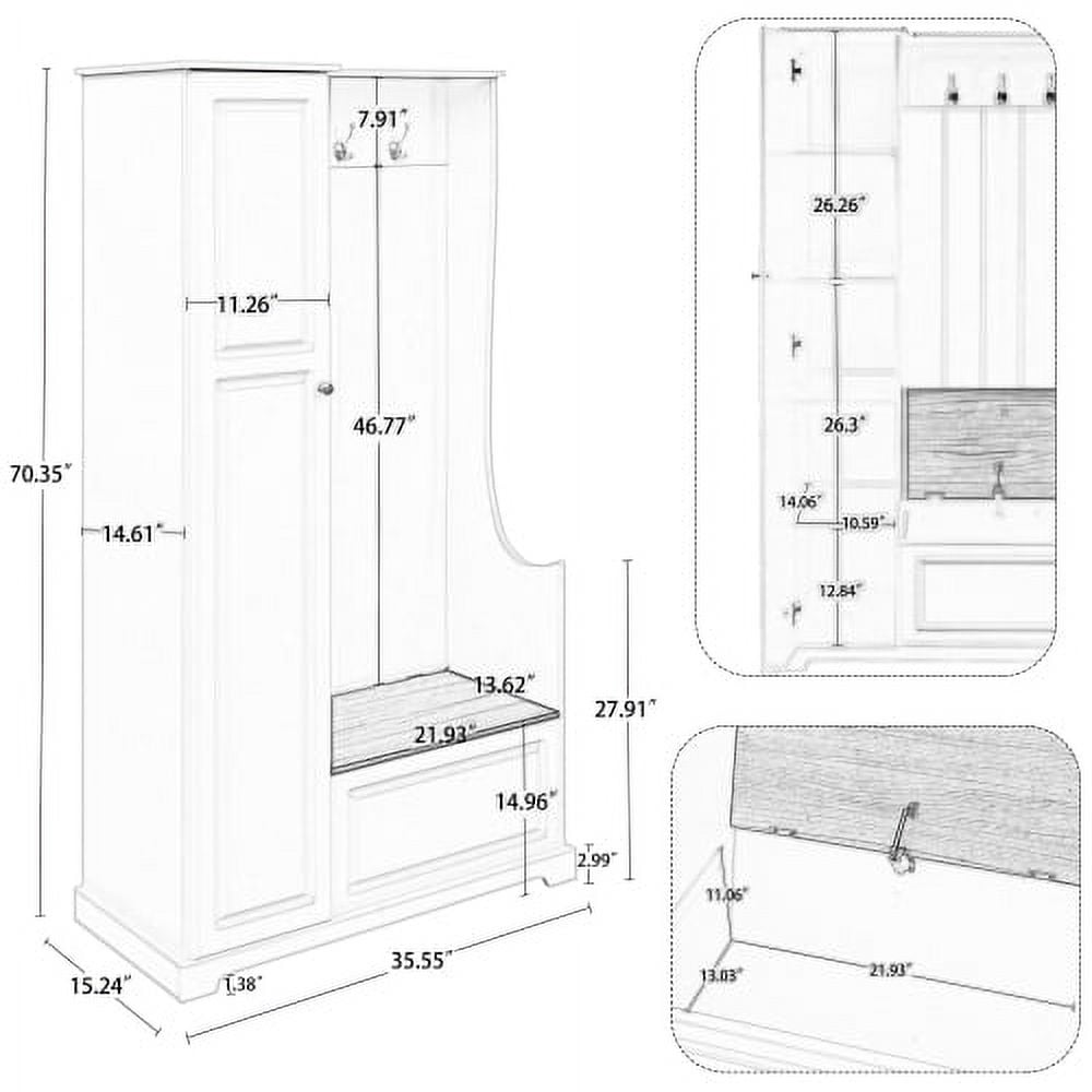 Hall Tree with Flip-Up Bench and Shoe Cabinet, Adjustable Shelves, Hooks, Entryway Mudroom Furniture, White