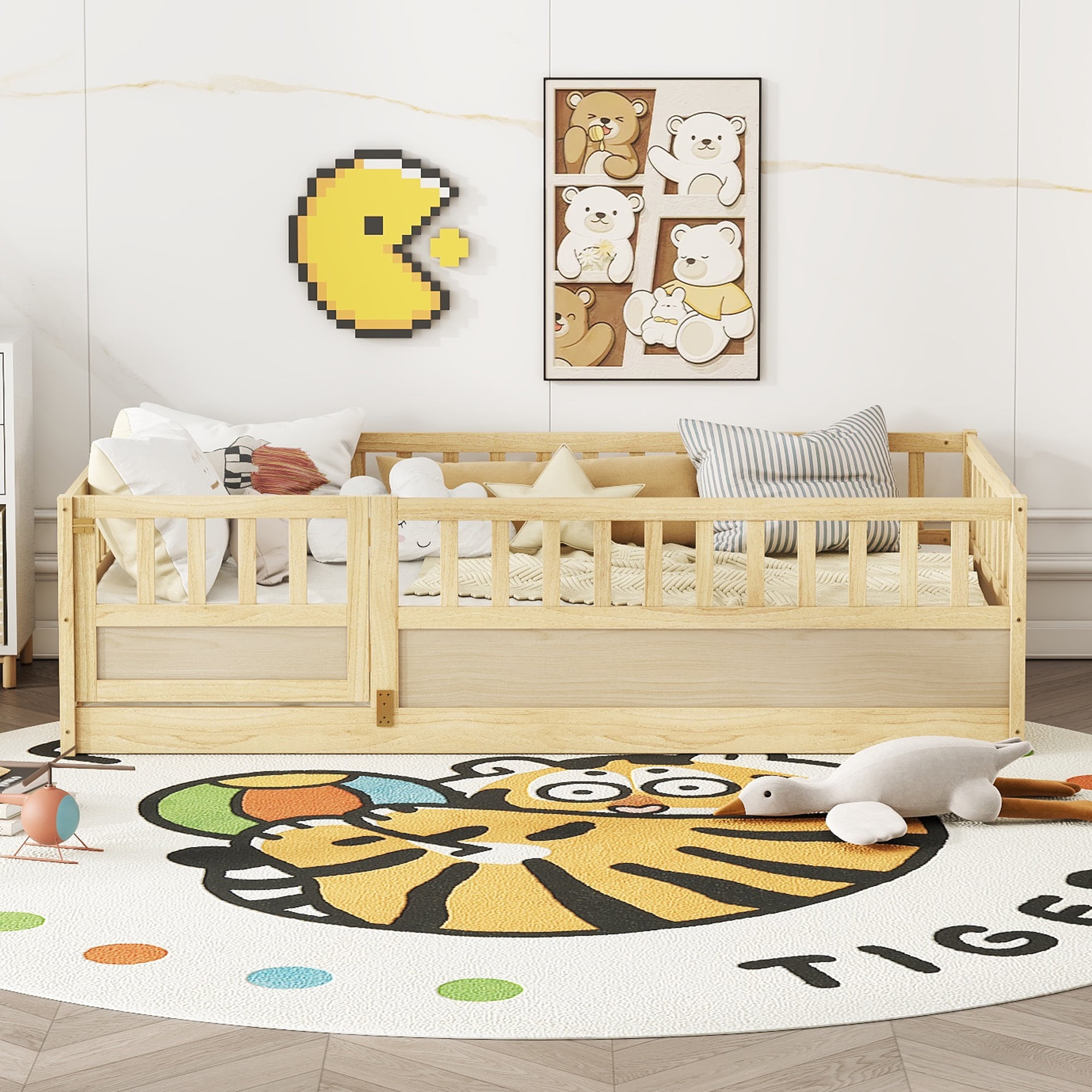 Kumix Floor Bed Twin Size with Door and Fence, Bed for Aged 1-3, Wooden Floor Bed with Safety Guardrails for Bedroom, Twin Floor Bed Frame for Girls & Boys, No Box Spring Needed, Natural