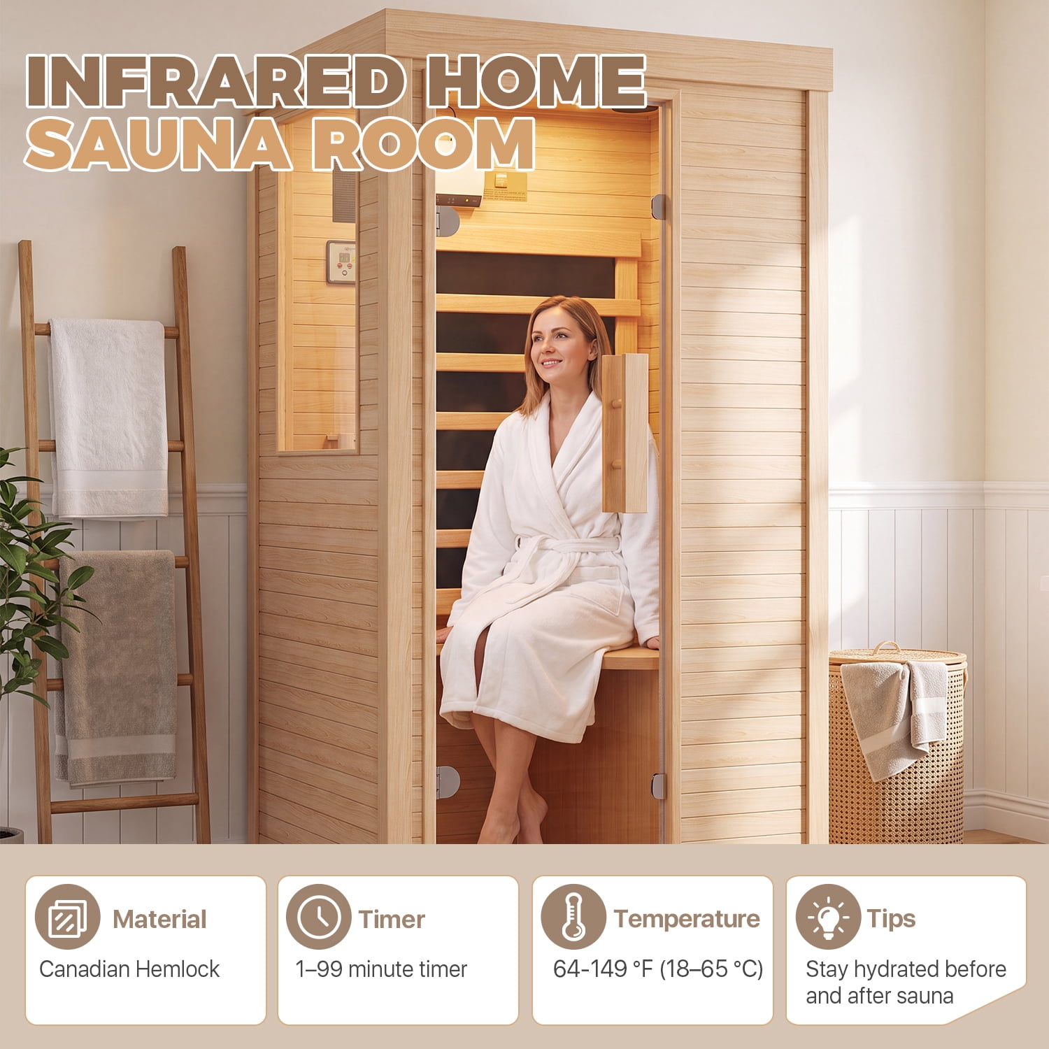 BaPiPro Infrared Sauna, 1-Person Home Far Wood Sauna, Canadian Hemlock Dry Sauna Spa Room with Low EMF Carbon Fiber Panels, Indoor Sauna with LED Light & Bluetooth Speaker