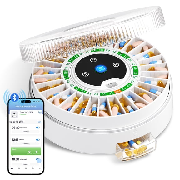 31-Slot Automatic Pill Dispenser with Fingerprint & Mechanical Dual Lock, Bluetooth Smart Alarms, Daily Timed Dispensing, and Elderly-Friendly LED Reminders for Secure Pill Organization (Green)