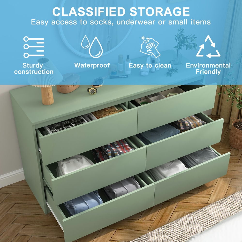 Spaco Modern 6 Drawer Dresser, Chest of Drawers Organizer Storage with Drawers, Large Storage Cabinet for Indoor as Bedroom, Green