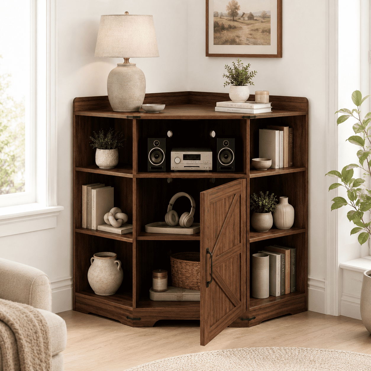 Aukfa Corner Cabinet with Charging Station,3-Tier Storage Shelf with 6 Cubbies, Walnut
