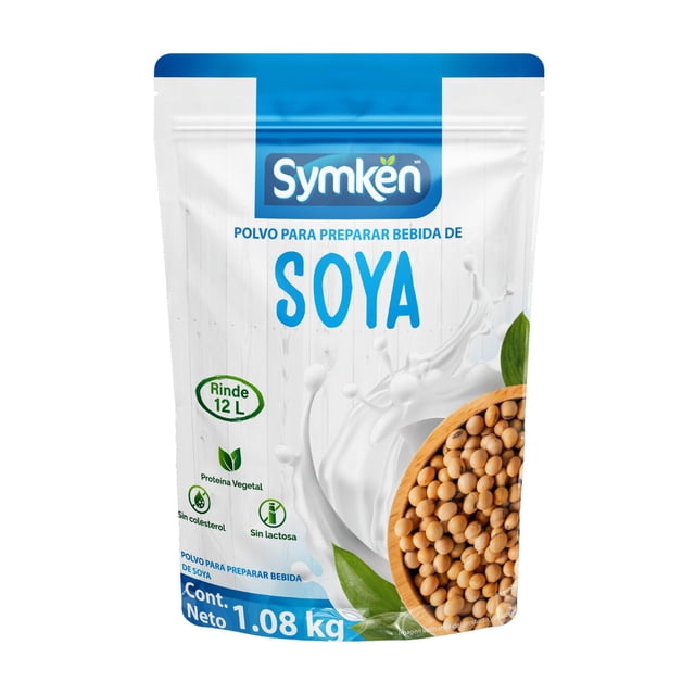 Symkën | Leche de Soya en polvo | Natural | Bolsa 1,080g | Leche en polvo | 100% vegetal | Rinde 12 litros | Alta en proteínas | Sin gluten, lactosa ni colesterol
